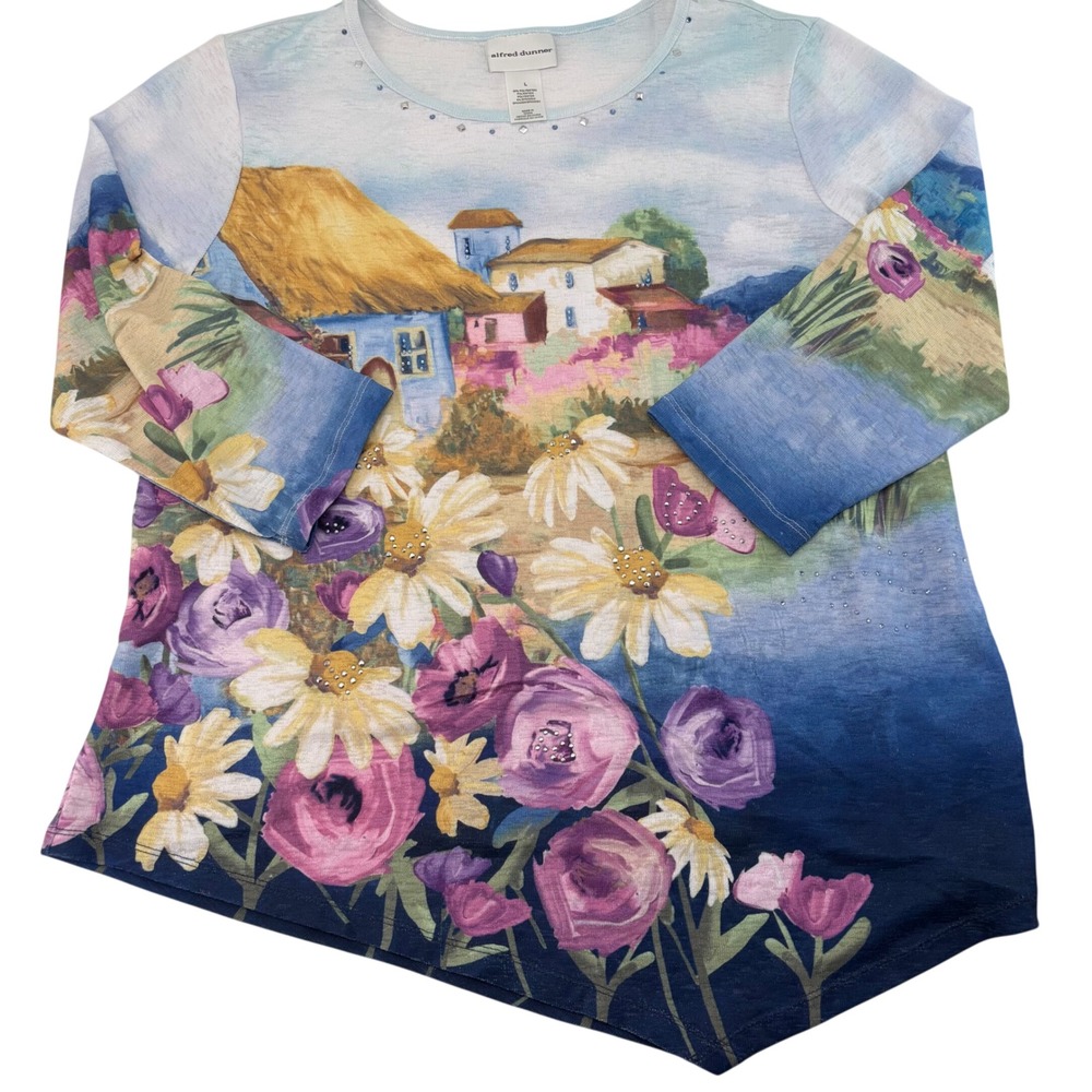 Alfred Dunner Womens Scenic Cottage Floral Rhinestone Sharkbite Top Blue L